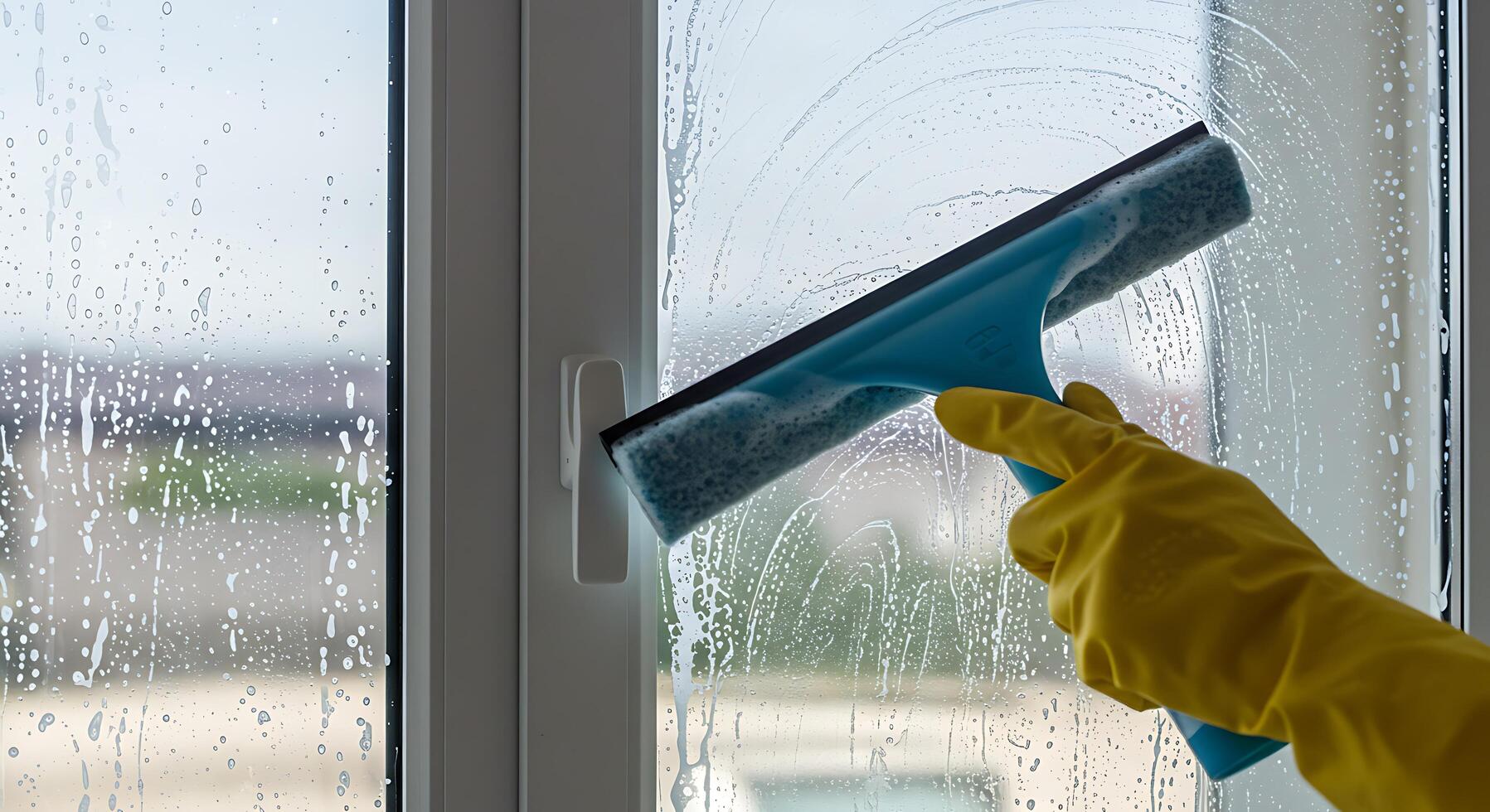 A person in rubber gloves cleaning a window with a window cleaner photo