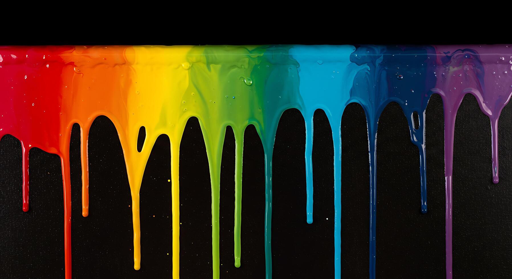A rainbow colored paint drips down a black surface photo