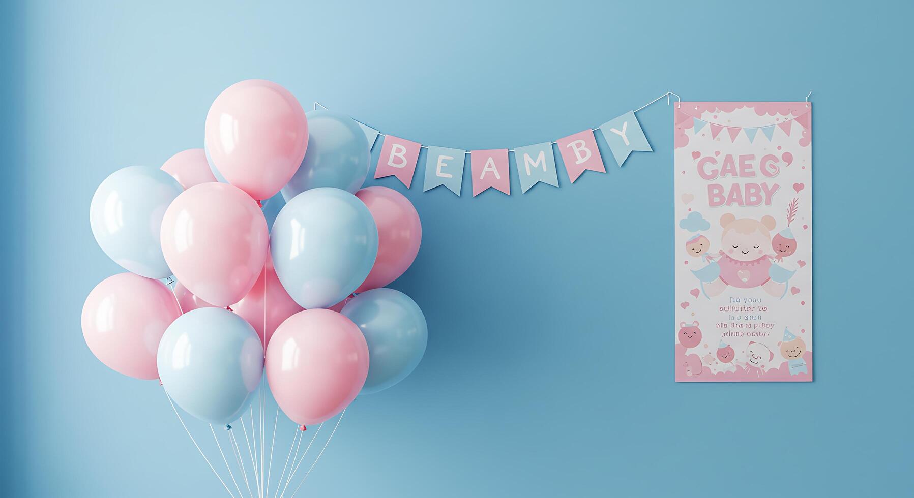 Balloons and banner for baby shower 3d rendering photo