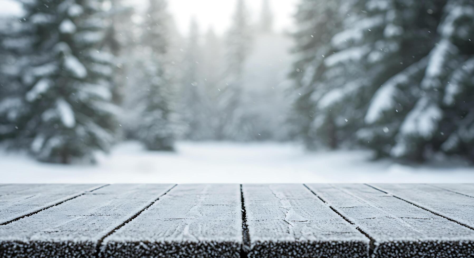 Winter landscape with wooden table and snow covered trees photo