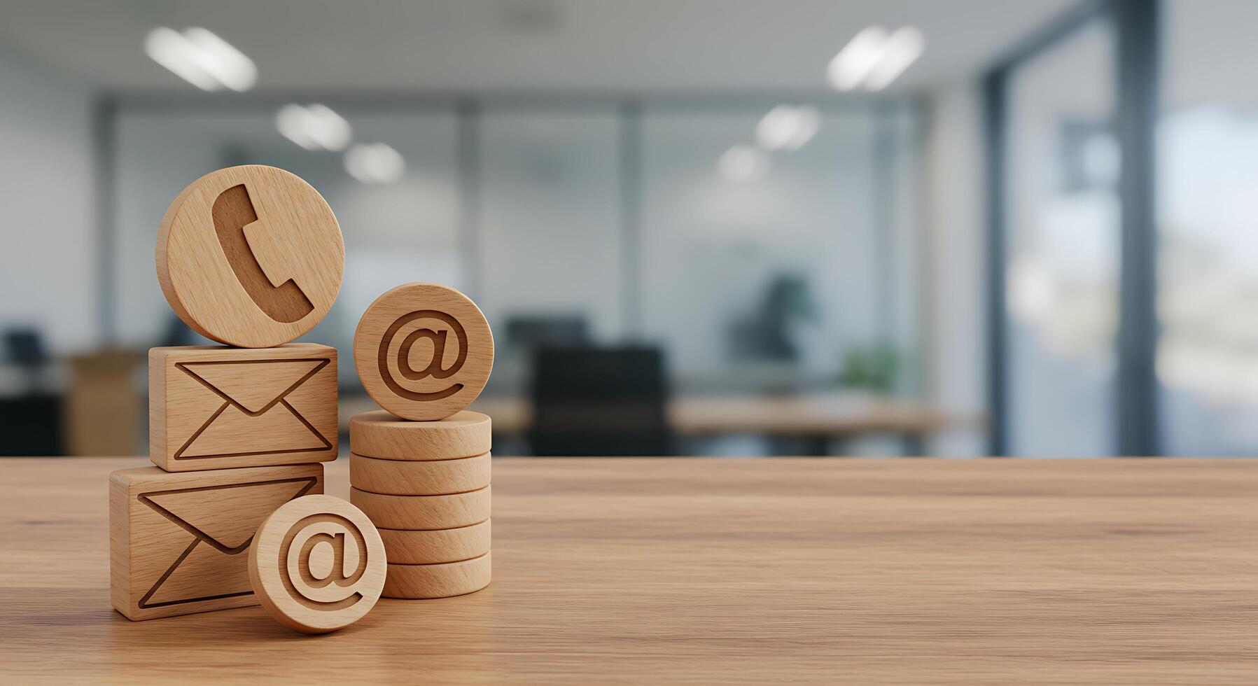 Wooden blocks with email and phone symbols on top of a wooden table photo