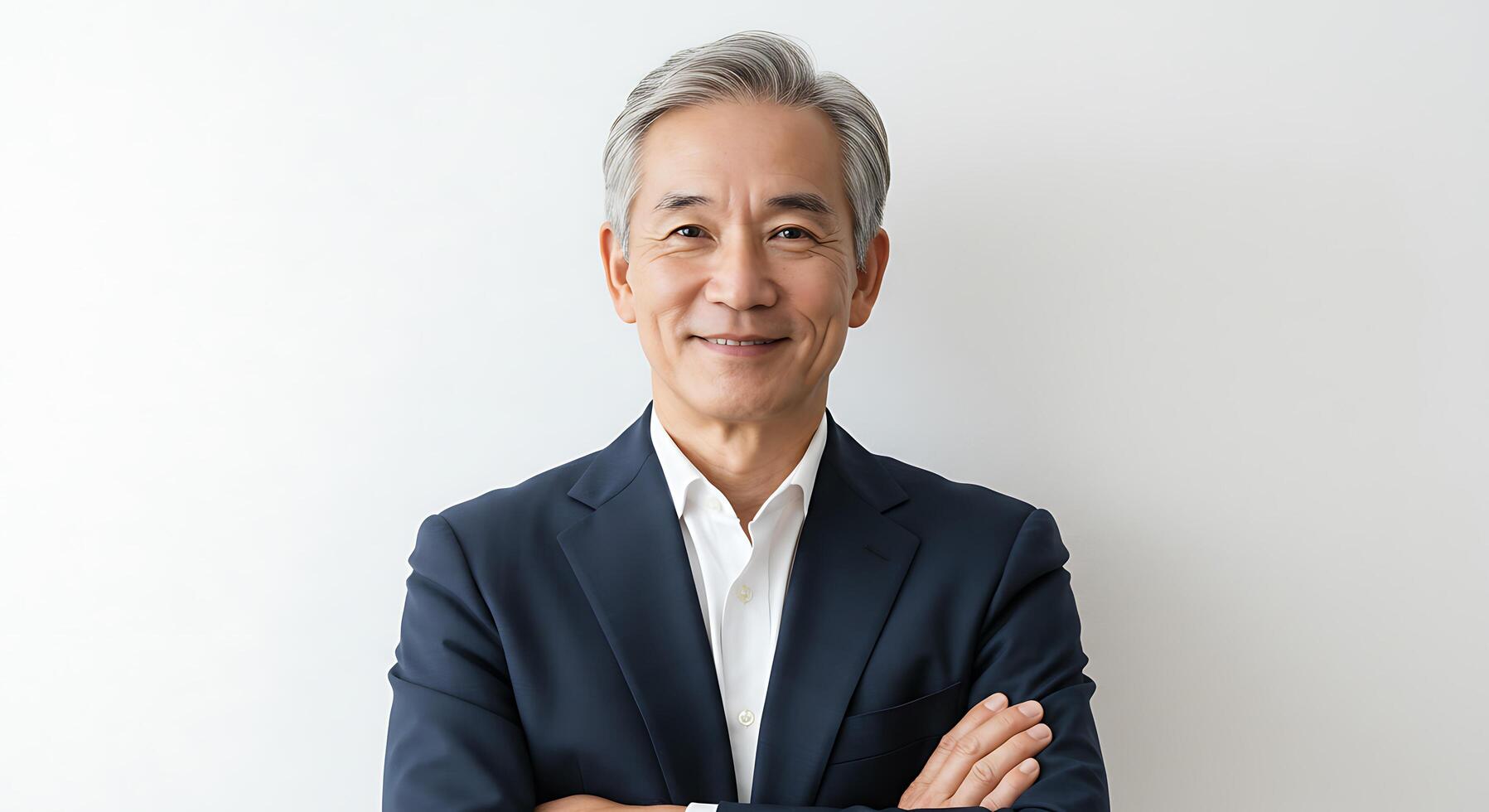 An asian man in a suit and tie standing with his arms crossed photo