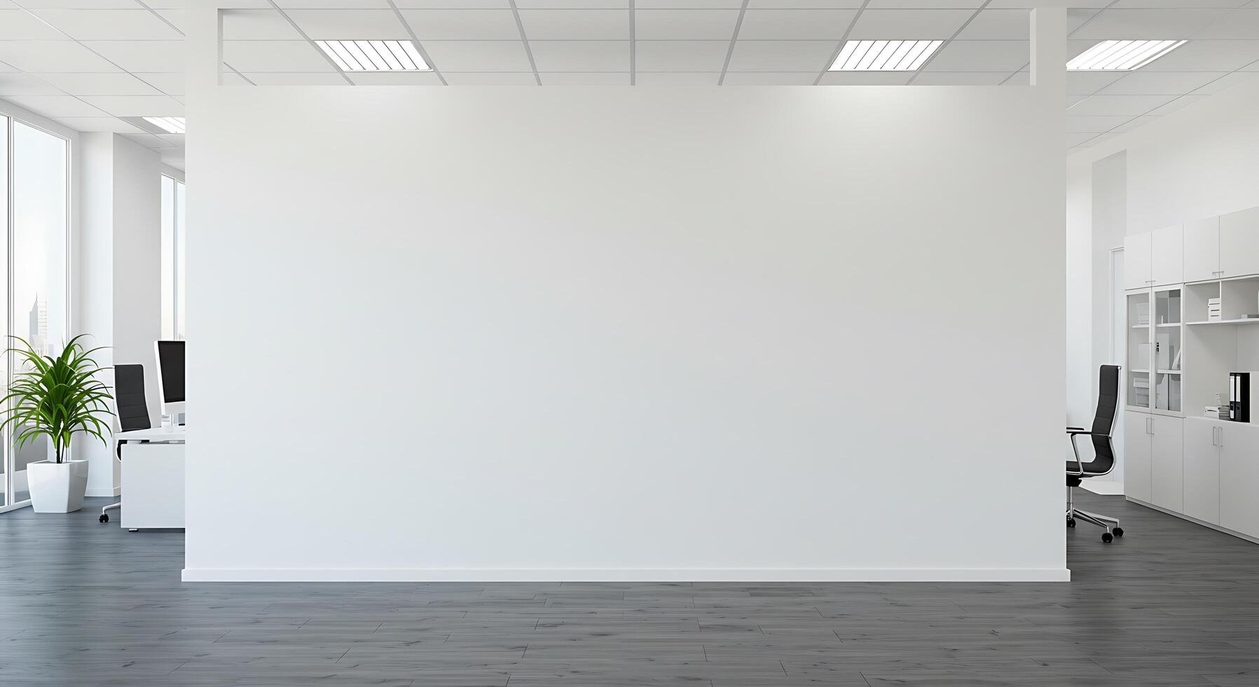 Empty white office with a large white wall photo