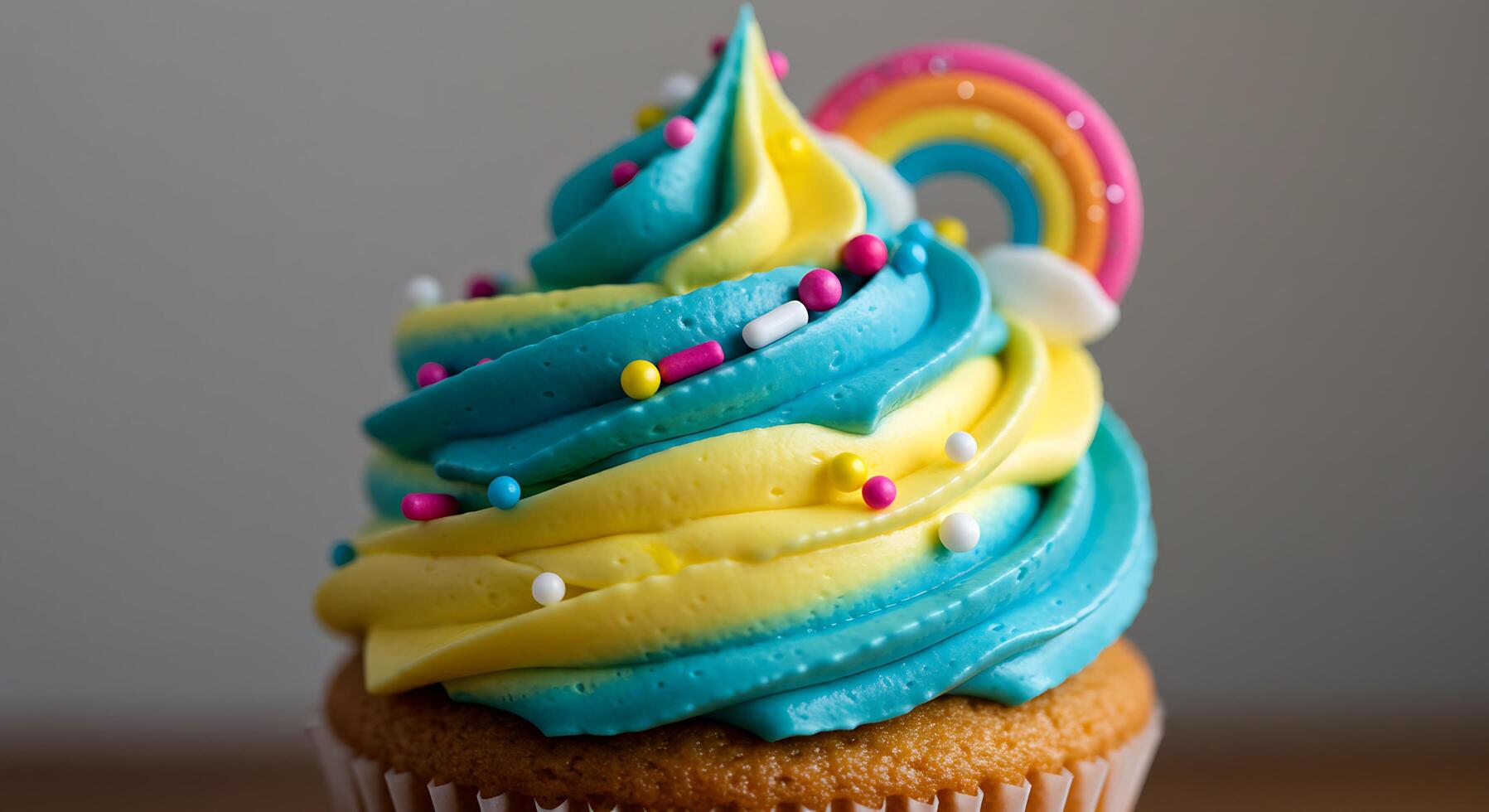 A cupcake with a rainbow on top photo