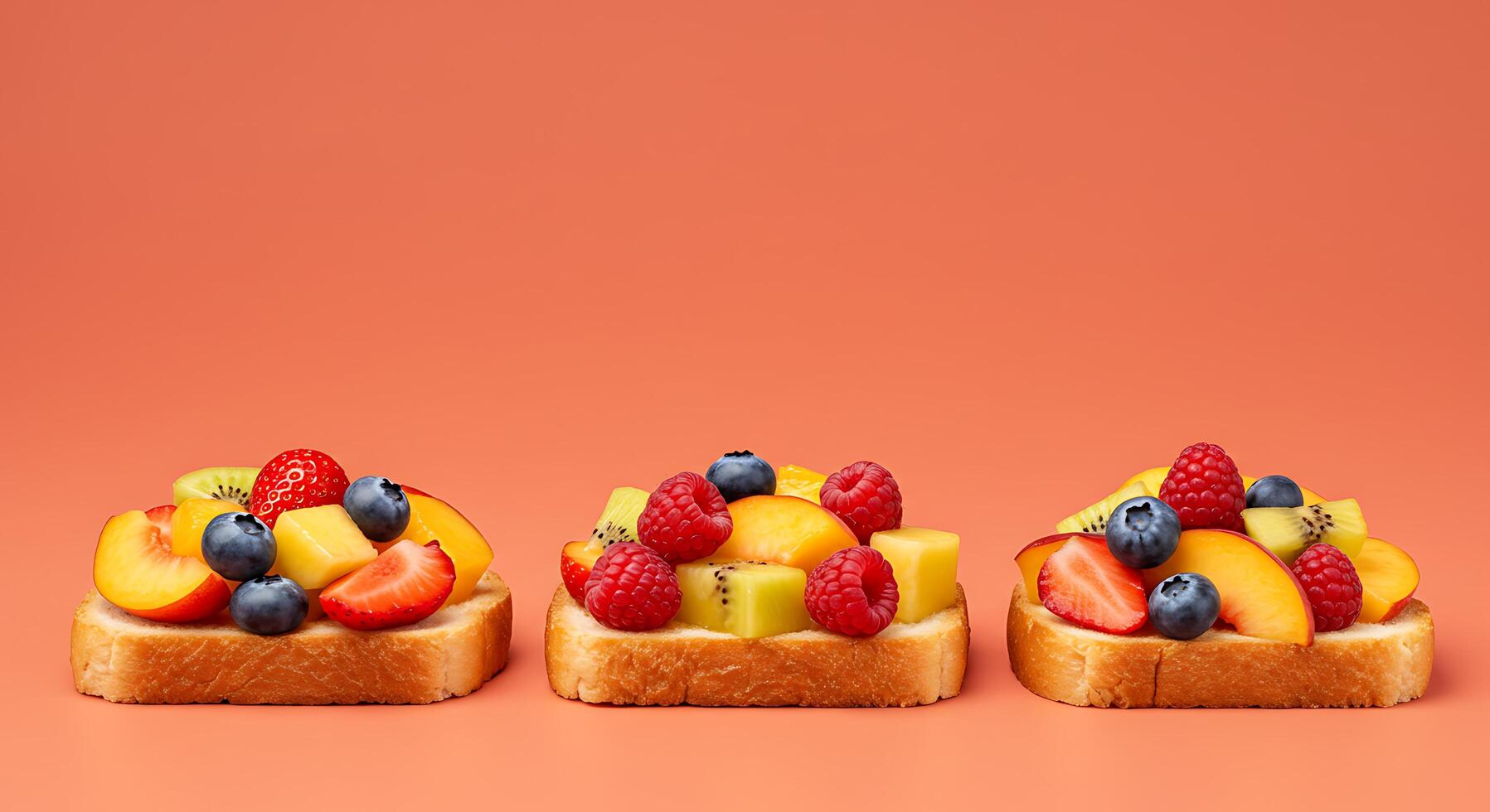 Three slices of bread with fruit on top photo