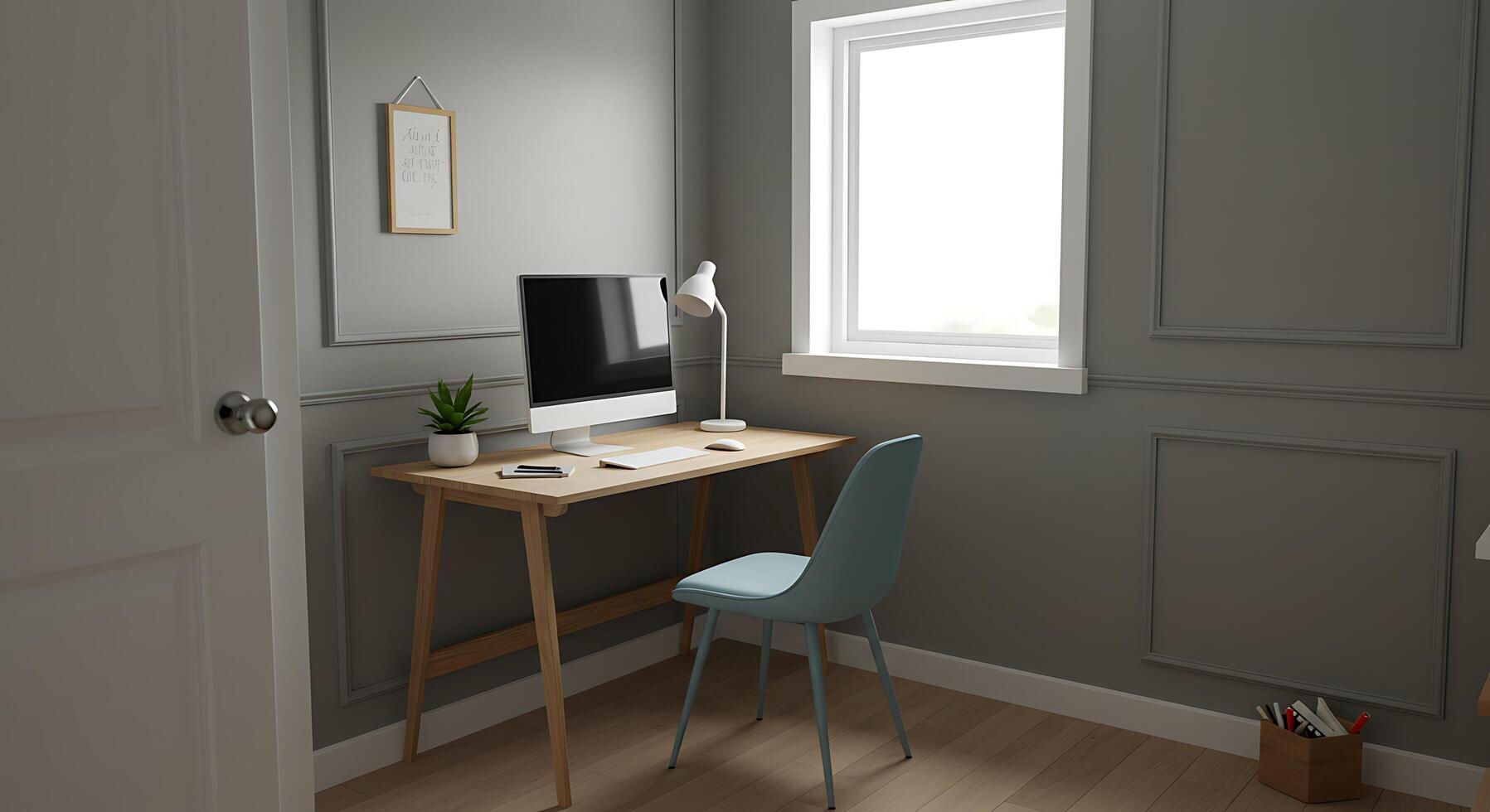 A small desk with a computer and a chair photo
