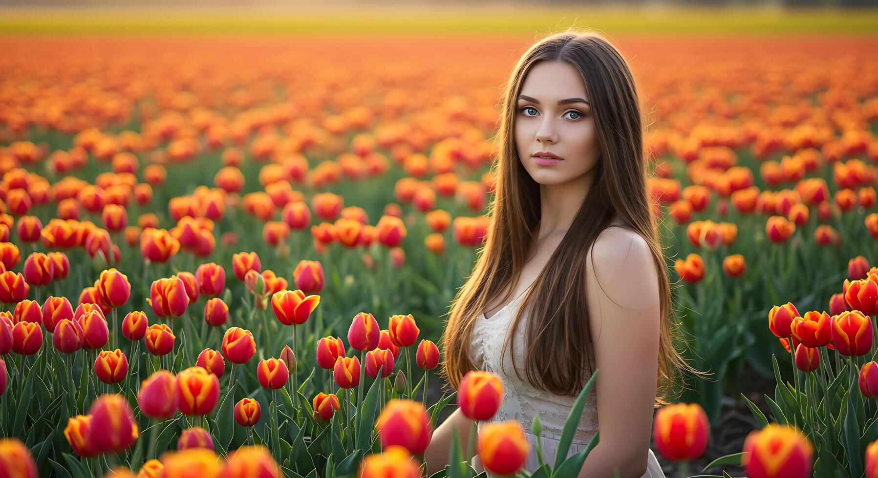 A beautiful young woman in a field of tulips photo