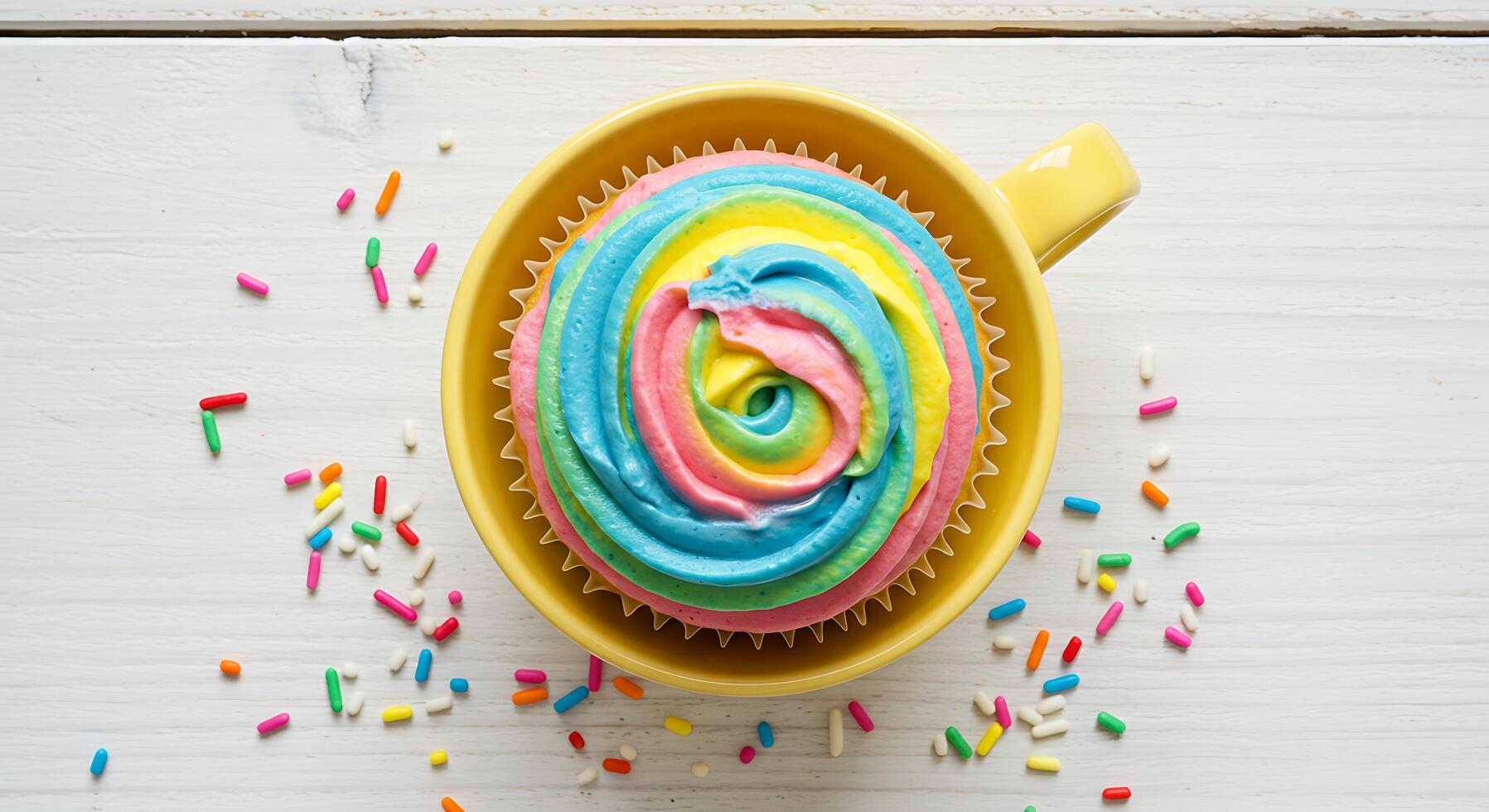 A cupcake with rainbow frosting in a yellow cup photo