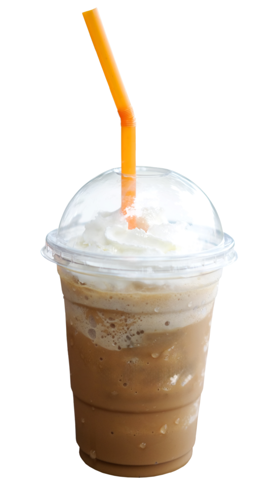 Ice latte shake coffee with whipped cream with tube in plastic glass png