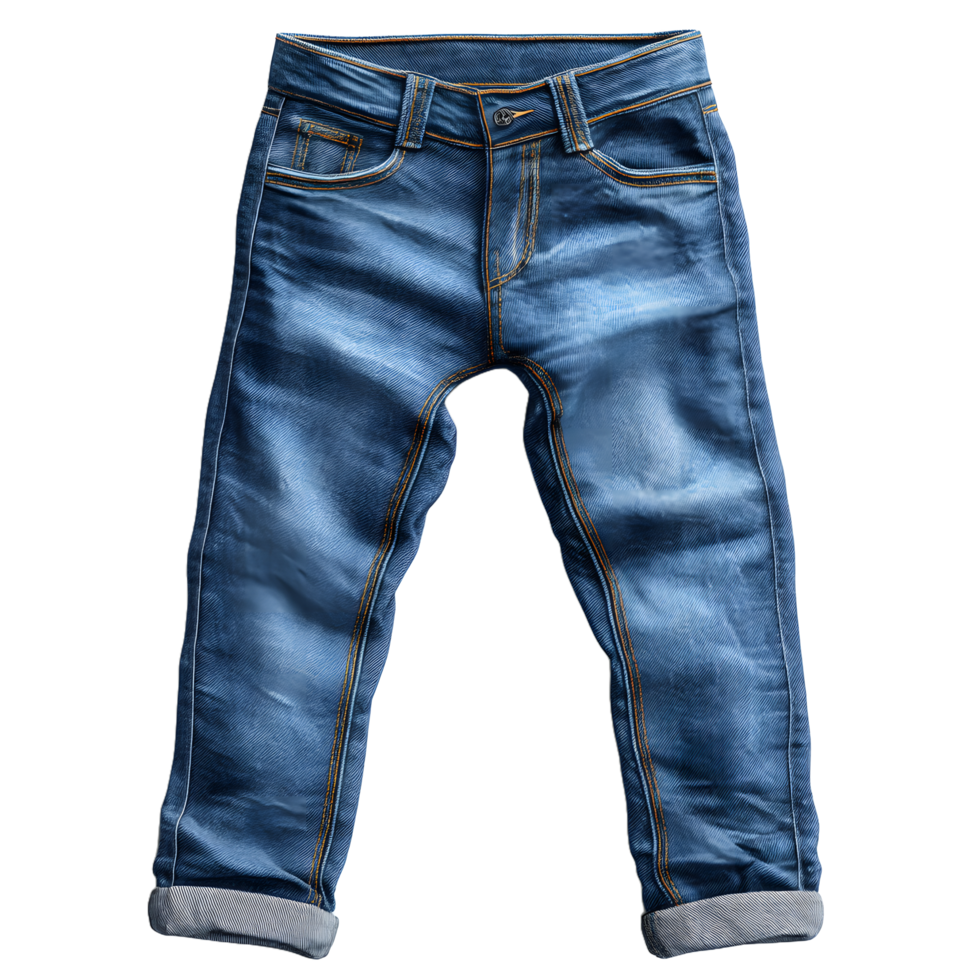 Classic blue denim jeans with cuffed hem isolated on transparent background png