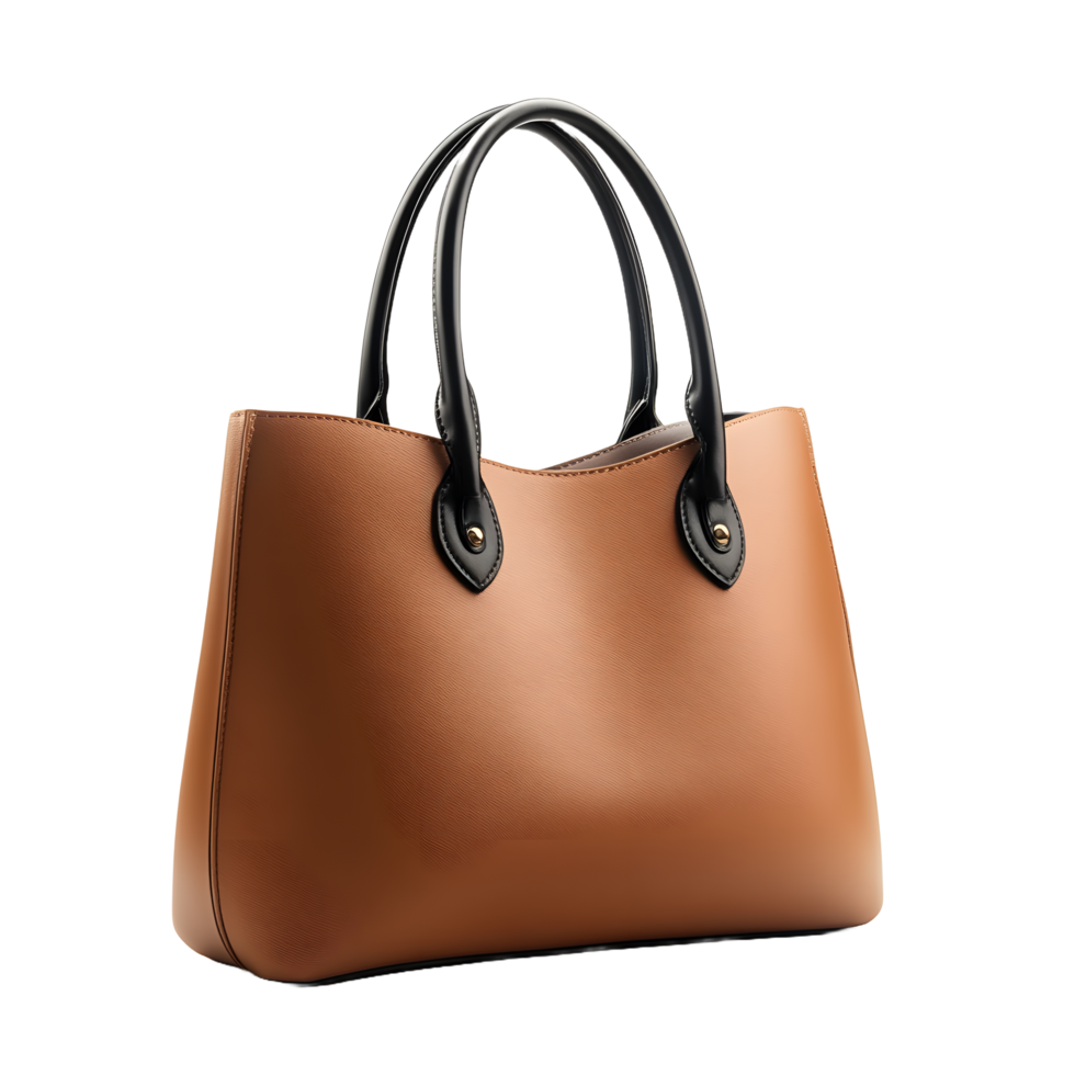 Elegant tan leather tote bag with black handles isolated on transparent background png