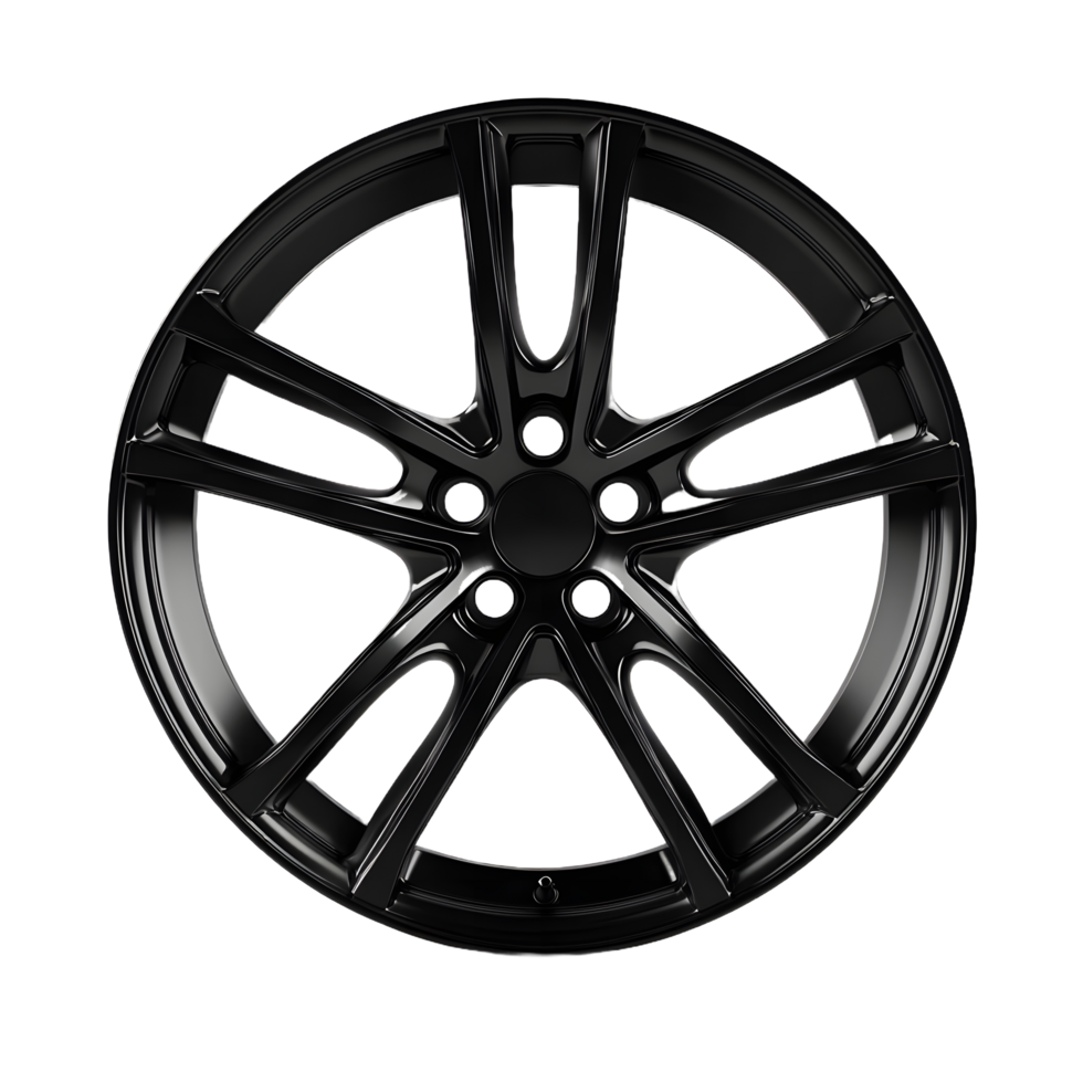 Sleek black five spoke alloy car wheel rim with polished edges isolated on transparent background png