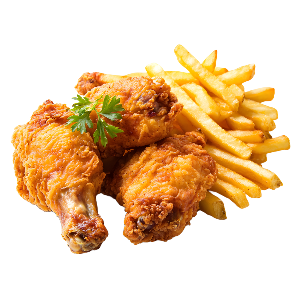 Crispy golden fried chicken pieces and french fries with parsley garnish isolated on transparent background png