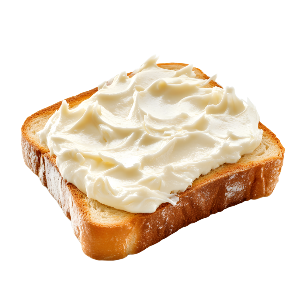 Slice of toasted bread generously spread with creamy white frosting or spread isolated on transparent background png