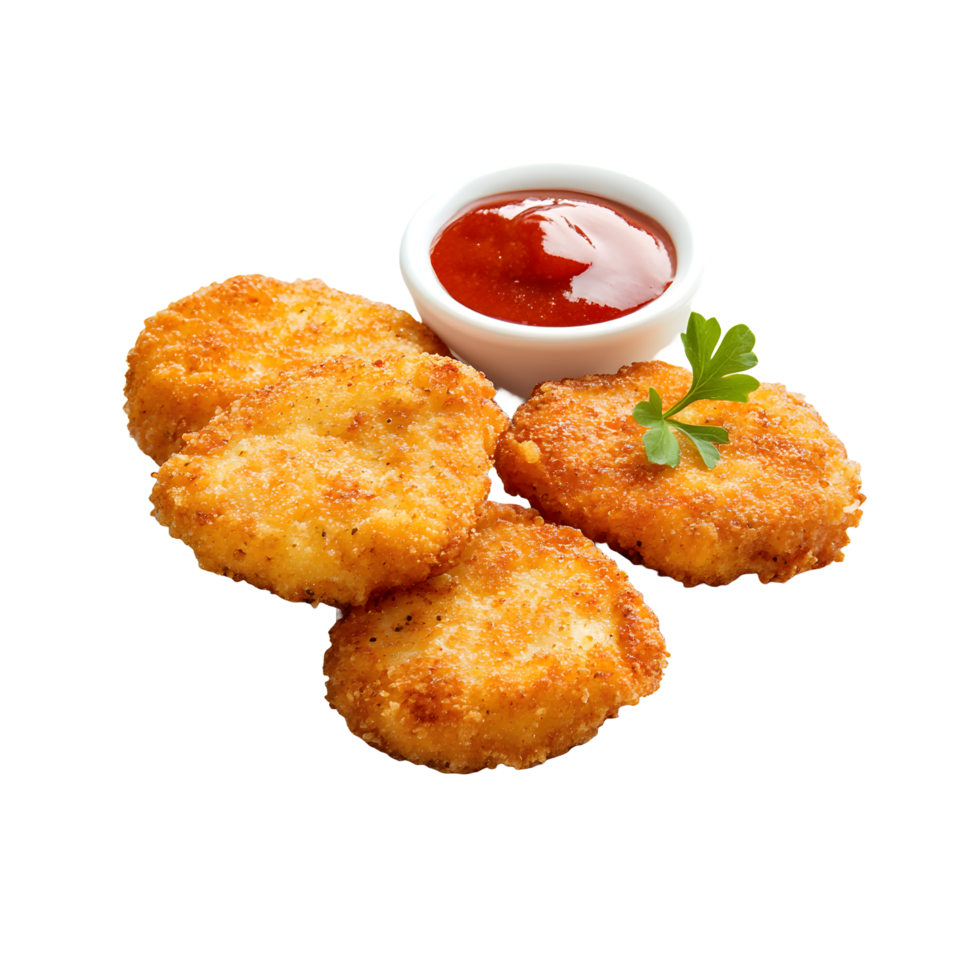 Golden brown chicken nuggets with ketchup and parsley isolated on transparent background png