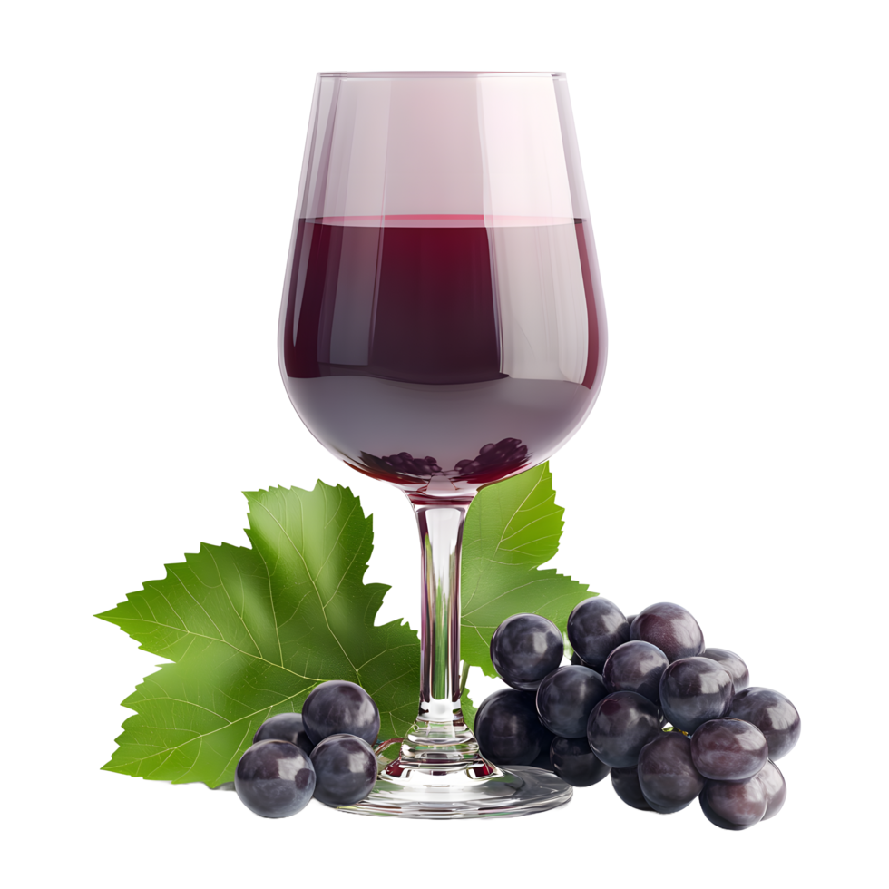 A glass of deep red wine with dark grapes and green leaves isolated on transparent background png