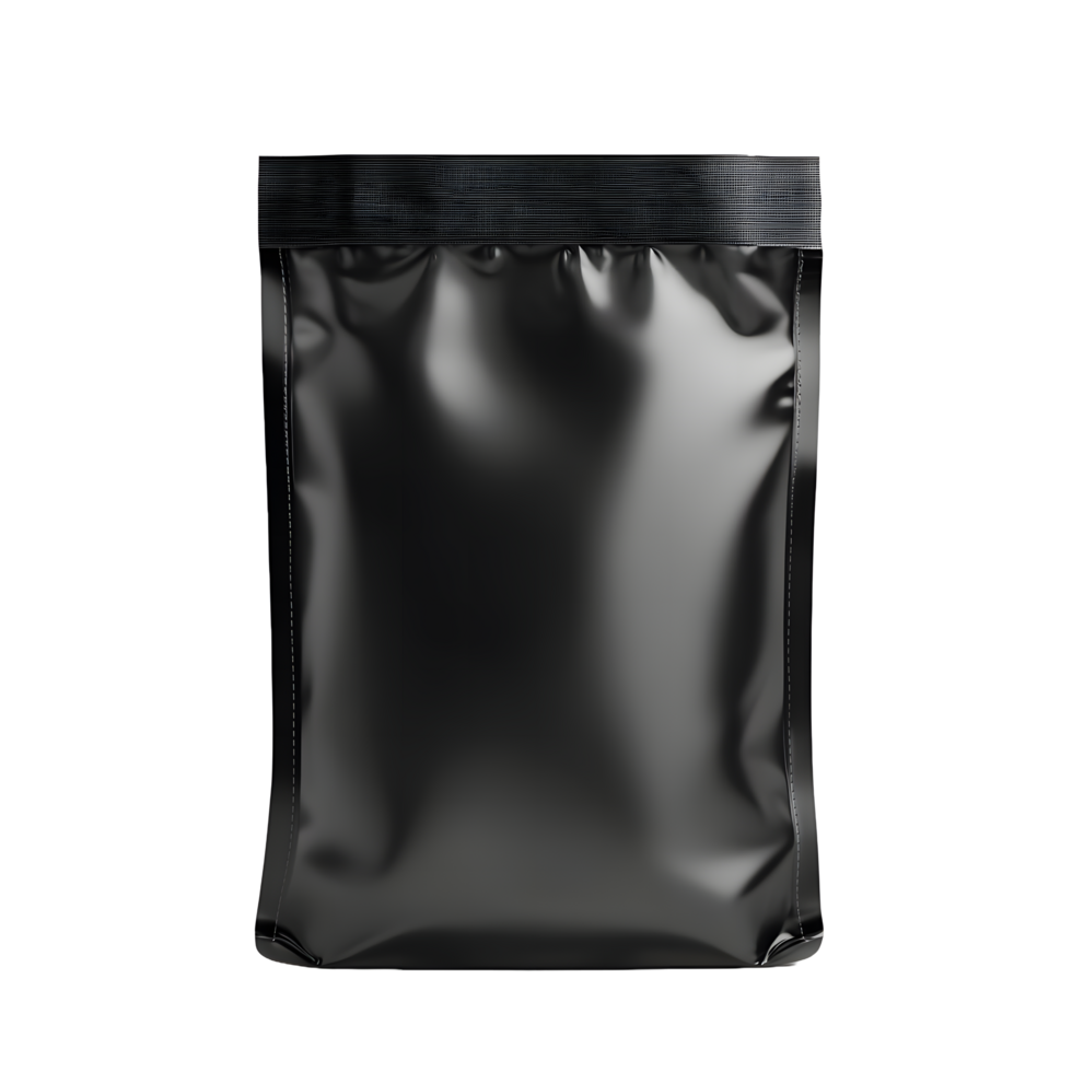 Realistic 3d render of a black foil pouch packaging isolated on transparent background png
