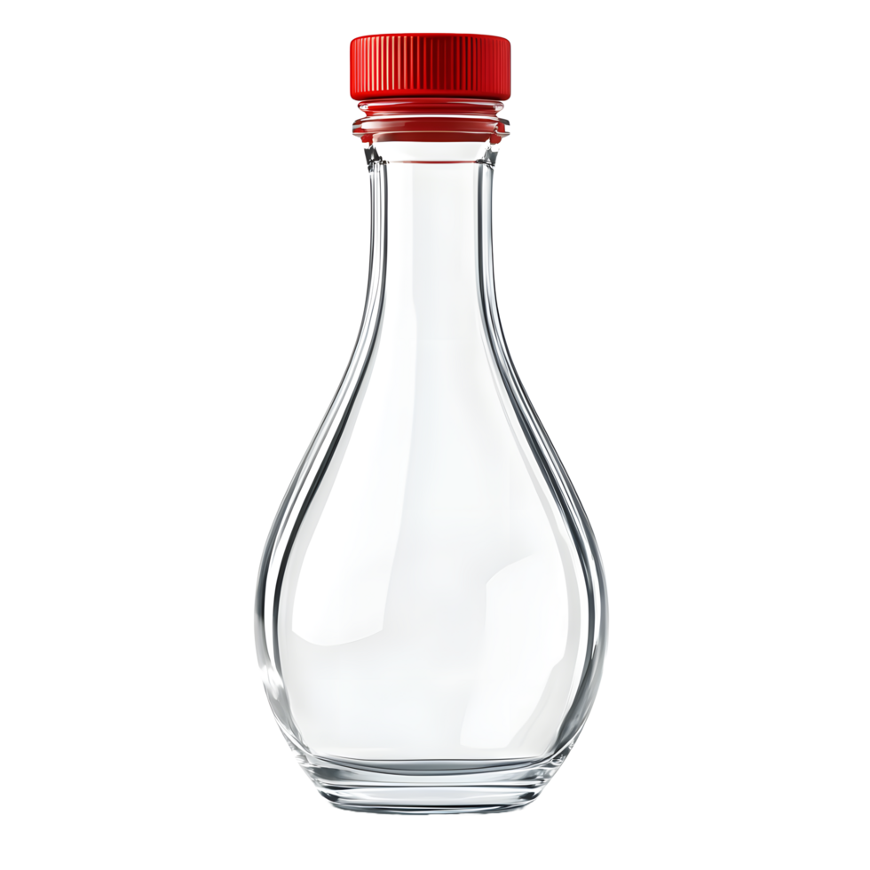 Clear glass bottle with a red screw cap isolated on transparent background png