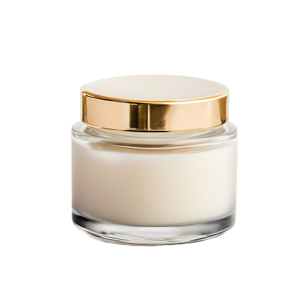 Luxury glass jar with golden lid filled with white cream isolated on transparent background png