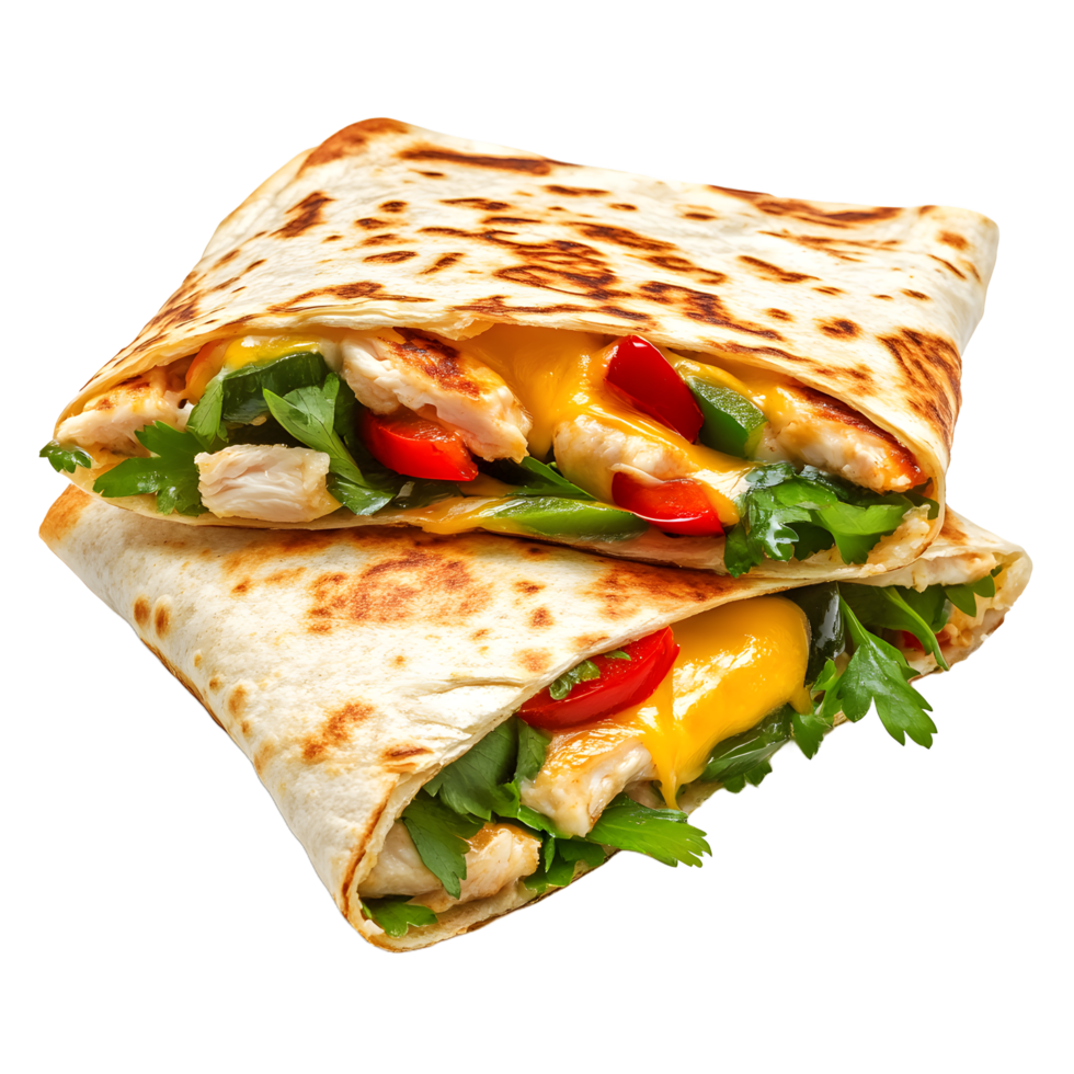Delicious chicken and vegetable wrap with melted cheese and fresh parsley isolated on transparent background png