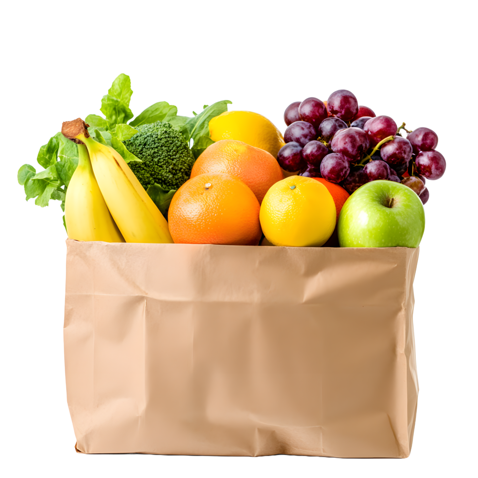 Brown paper grocery bag filled with fresh fruits and vegetables isolated on transparent background png
