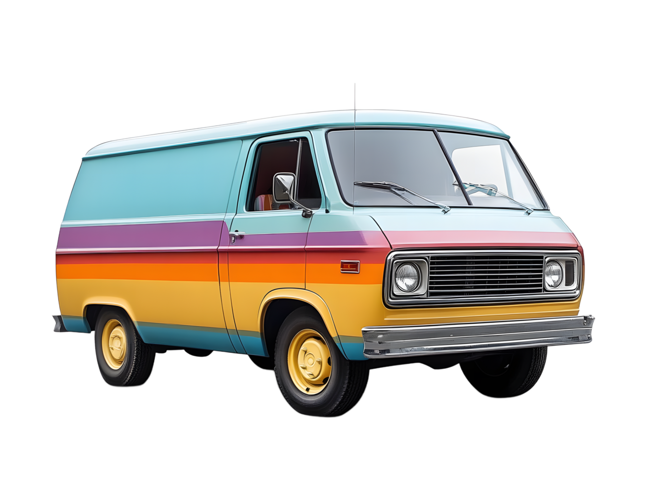 Retro colorful van with horizontal stripes and yellow wheels isolated on transparent background png