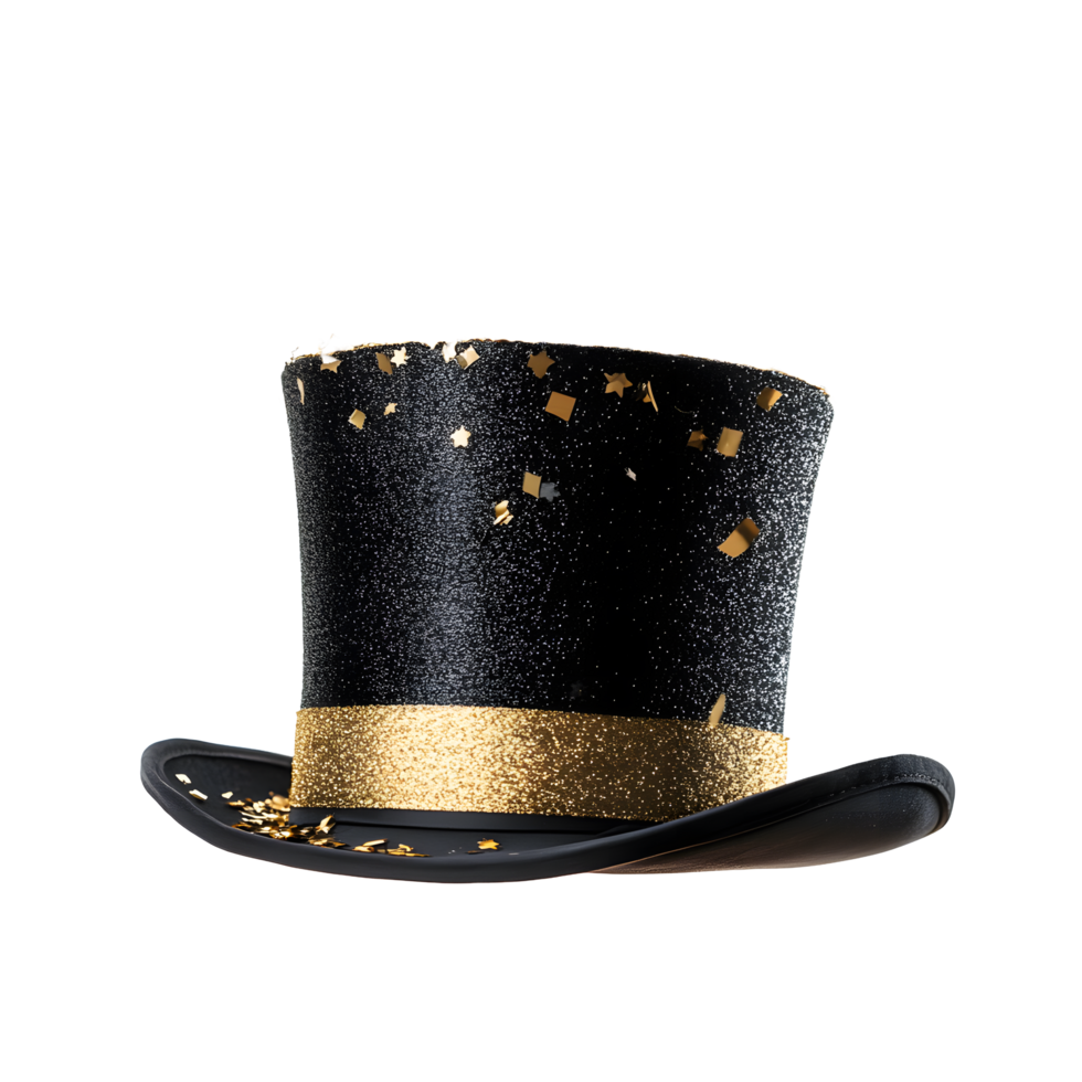 Sparkling black top hat with gold ribbon and confetti isolated on transparent background png
