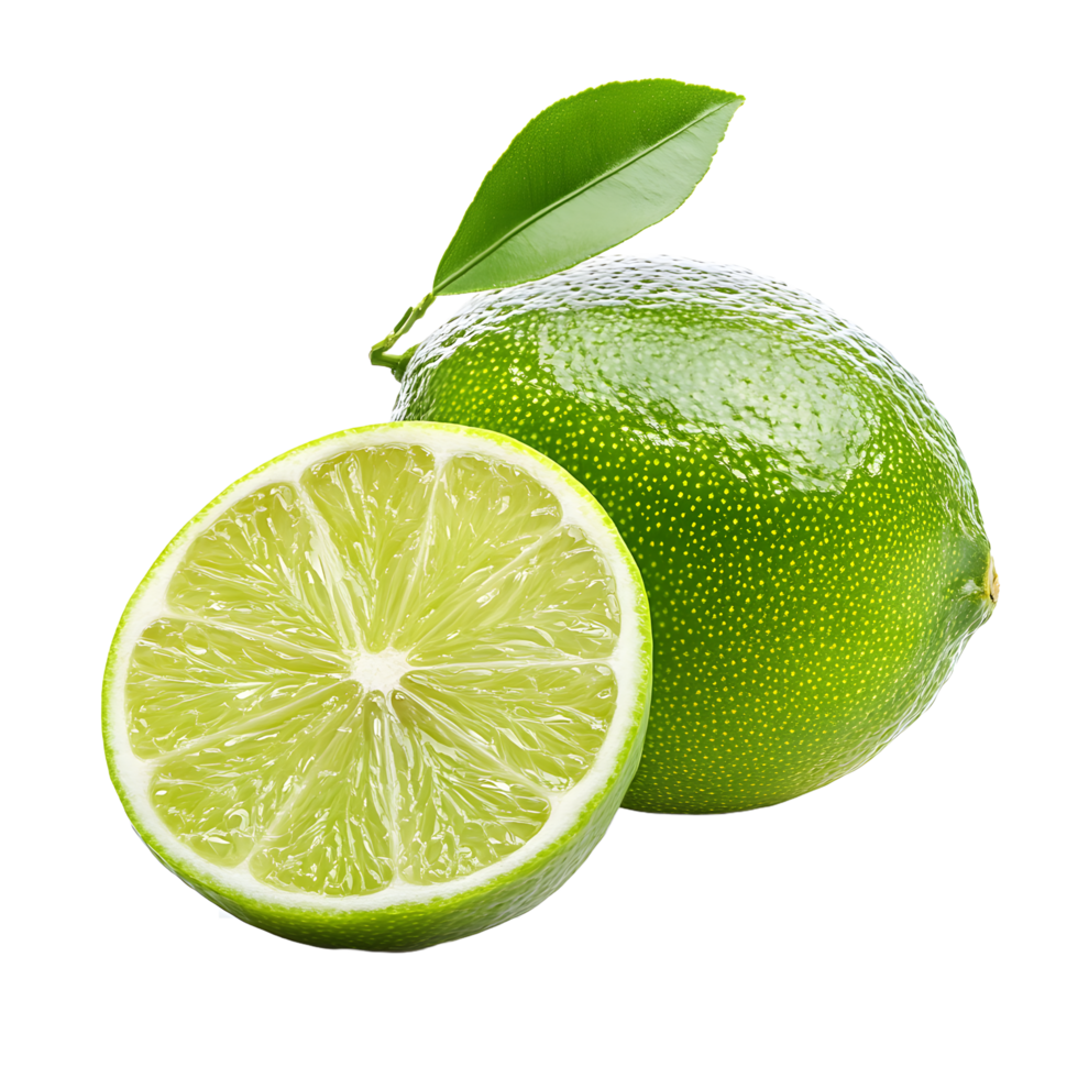 Fresh green lime with a leaf and a slice on a transparent background png