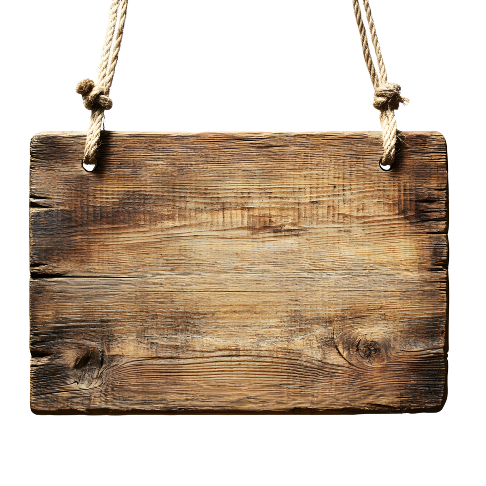 Rustic weathered wooden plank sign hanging by thick rope with knots isolated on transparent background png