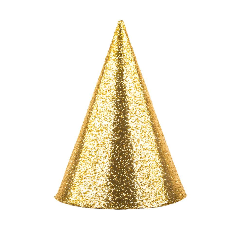 Sparkling golden party hat with glitter isolated on transparent background png