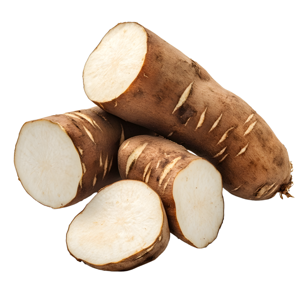 Whole and sliced yacon roots showing their white flesh and brown skin isolated on transparent background png