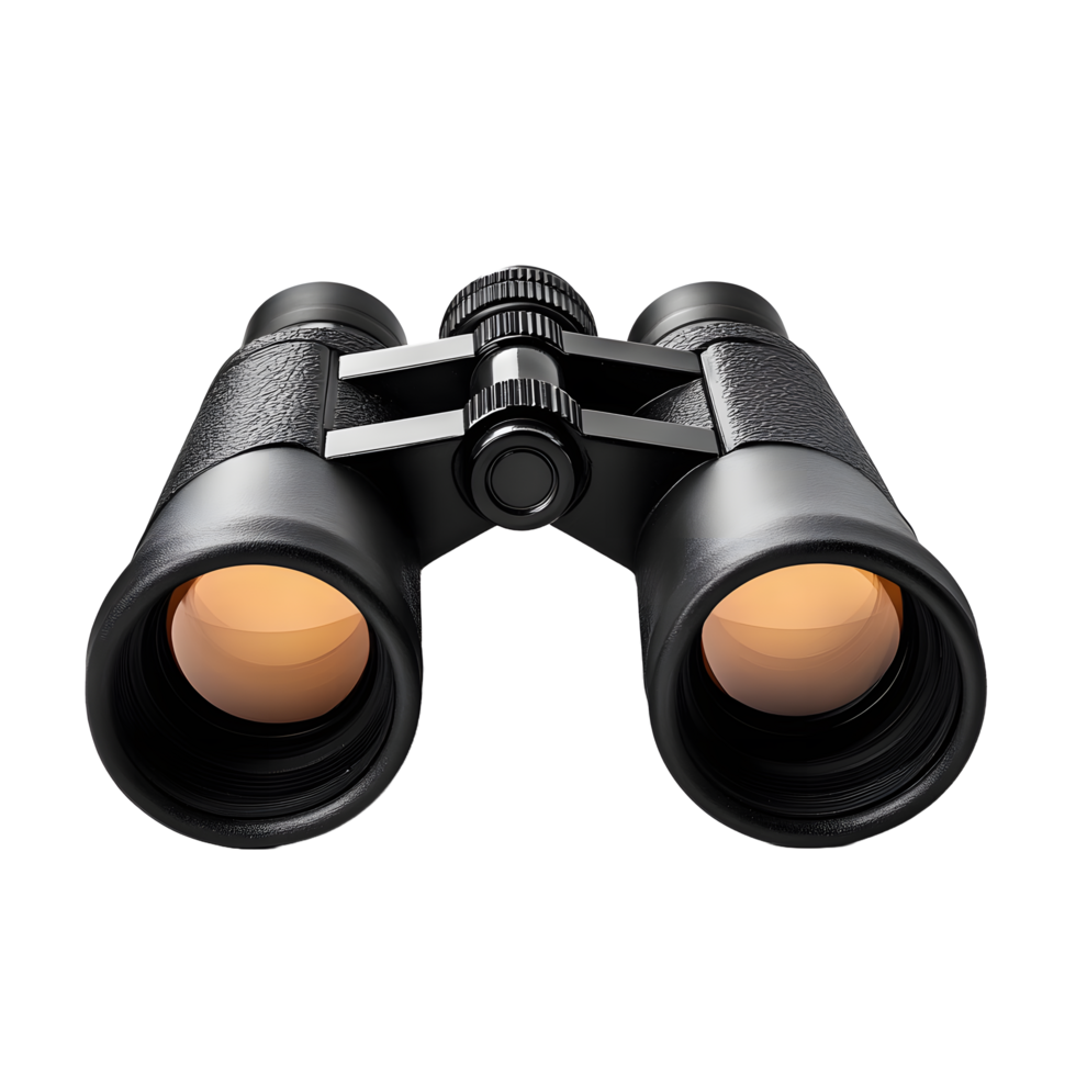 Close up view of black binoculars with orange lenses isolated on a transparent background png