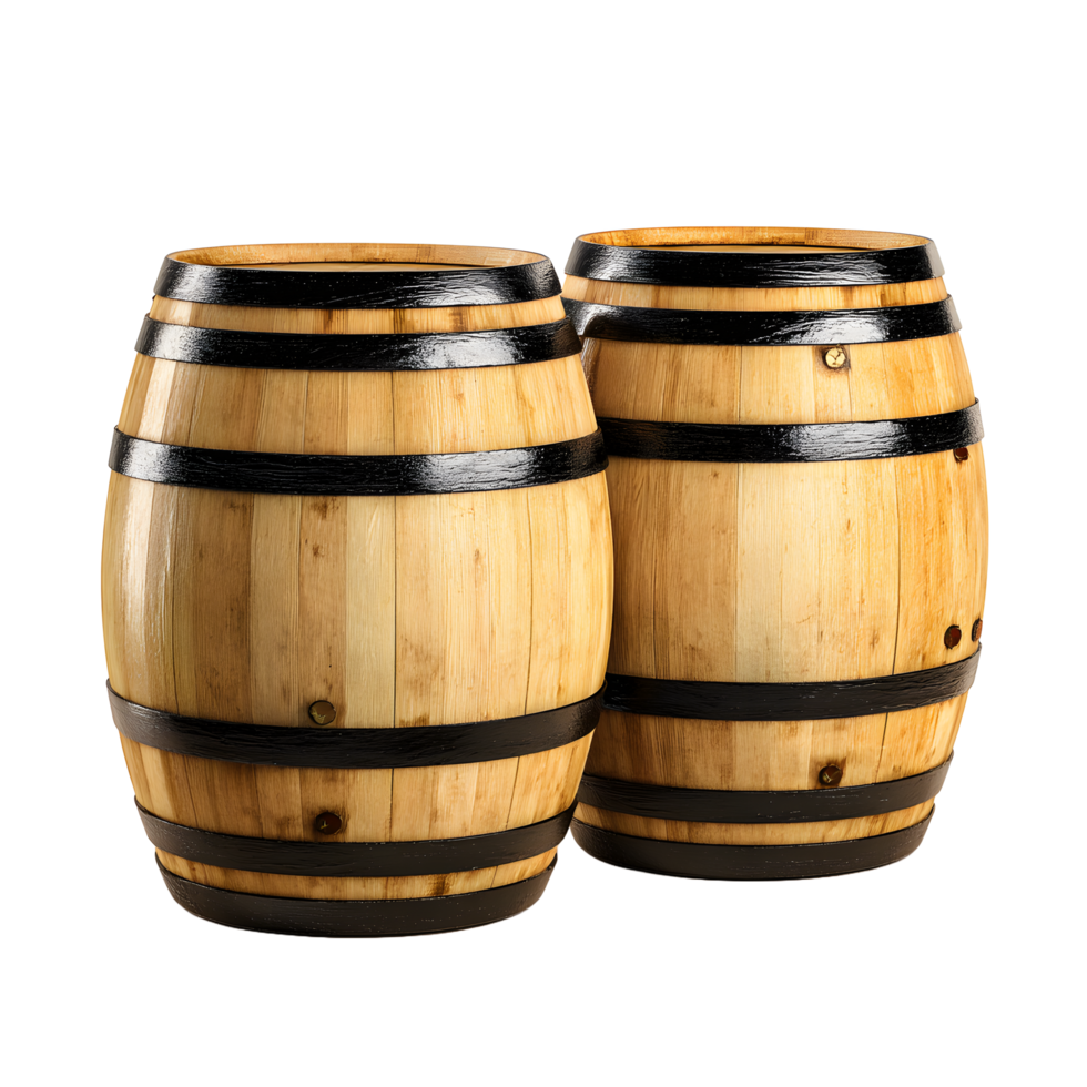 Two wooden barrels with black metal hoops isolated on transparent background png