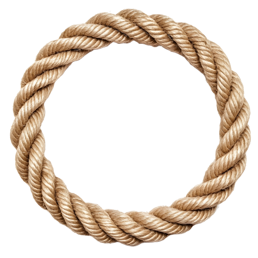 Thick natural fiber rope twisted into a perfect circle isolated on transparent background png