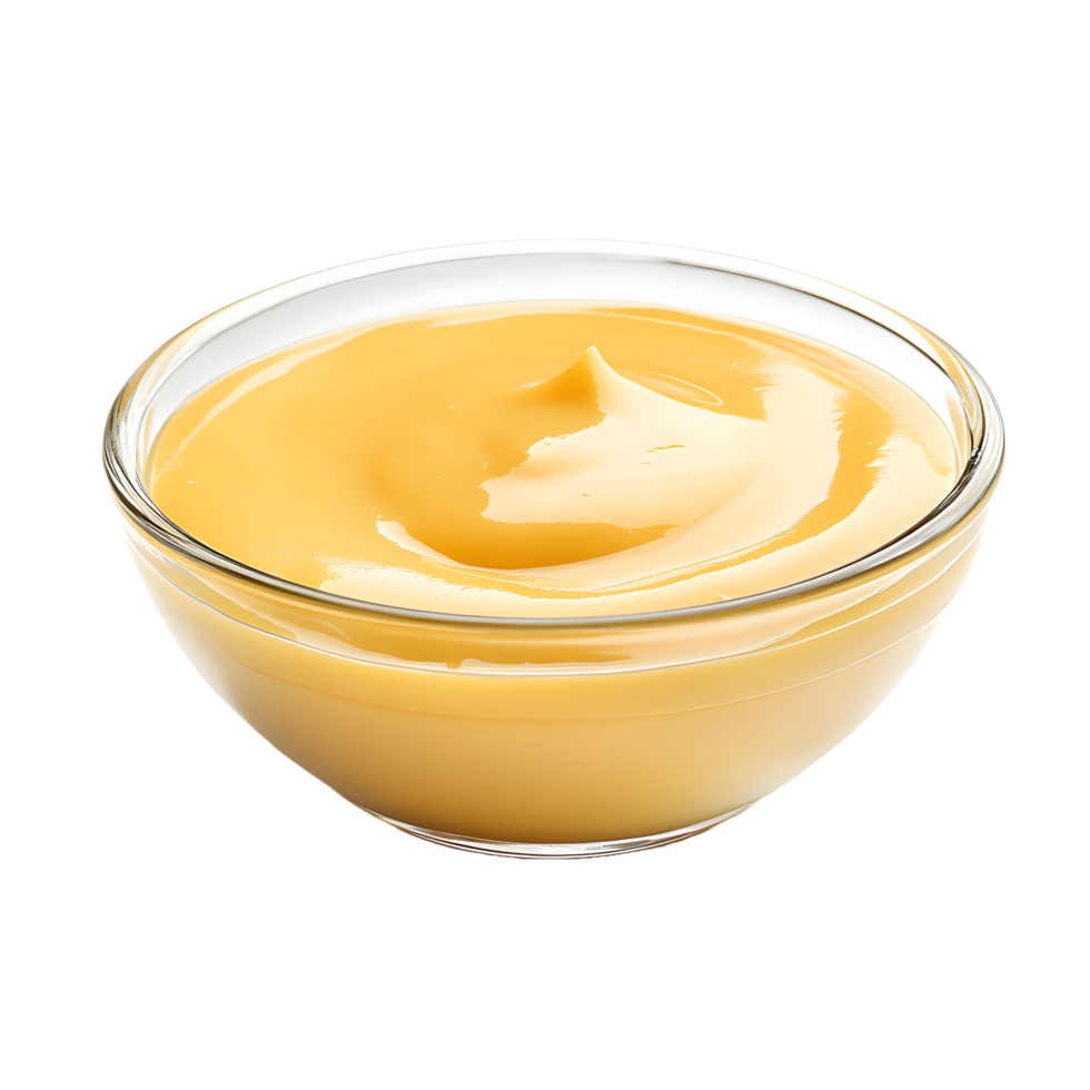 Smooth yellow custard or pudding in a clear glass bowl isolated on transparent background png