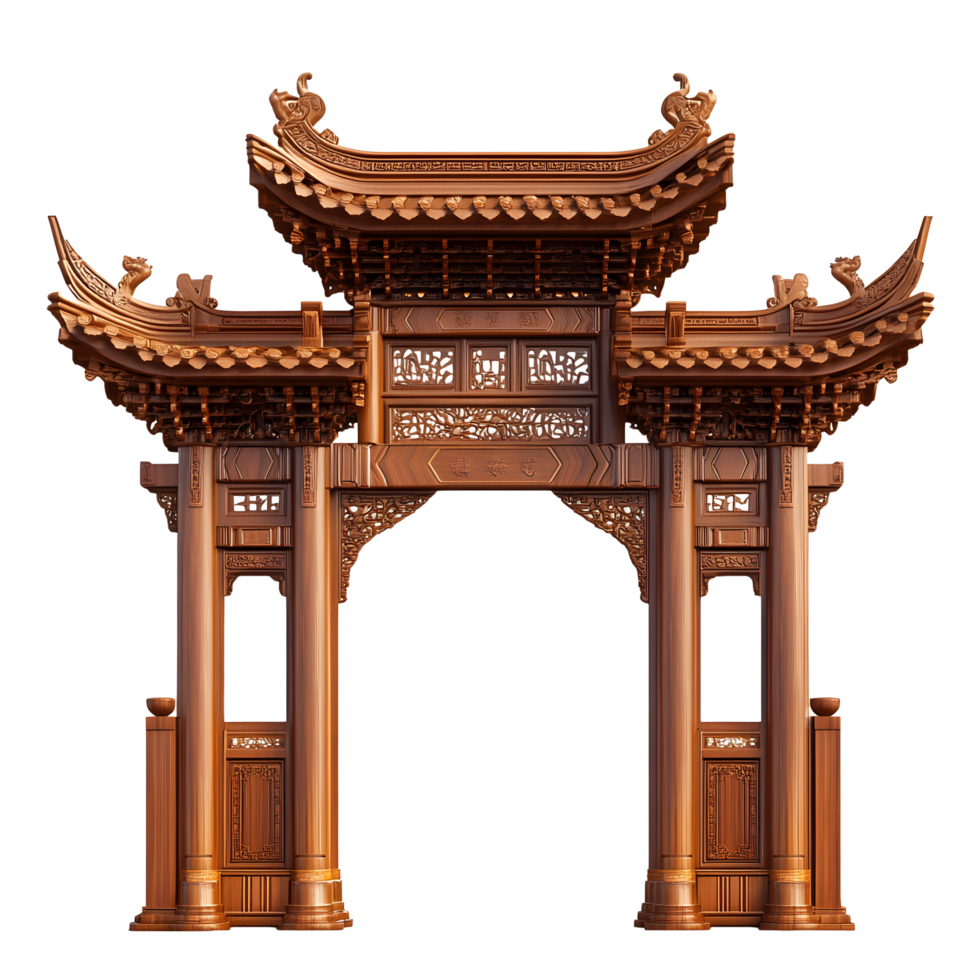 Ornate traditional chinese wooden archway with intricate carvings isolated on transparent background png