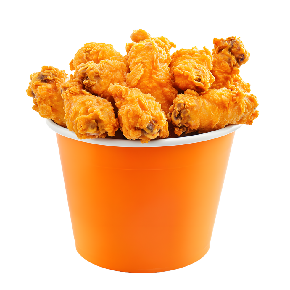 Crispy golden fried chicken pieces overflowing from an orange bucket isolated on transparent background png