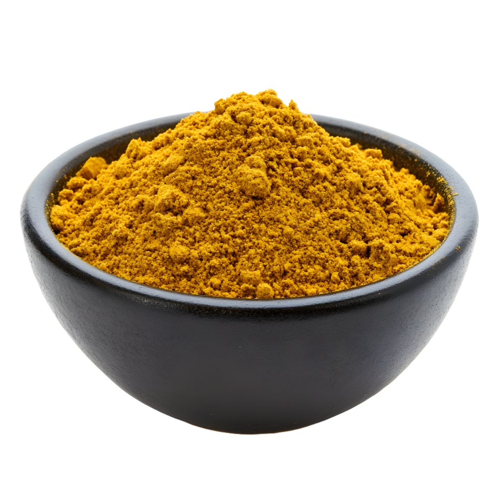 A dark bowl filled with vibrant yellow curry powder isolated on transparent background png
