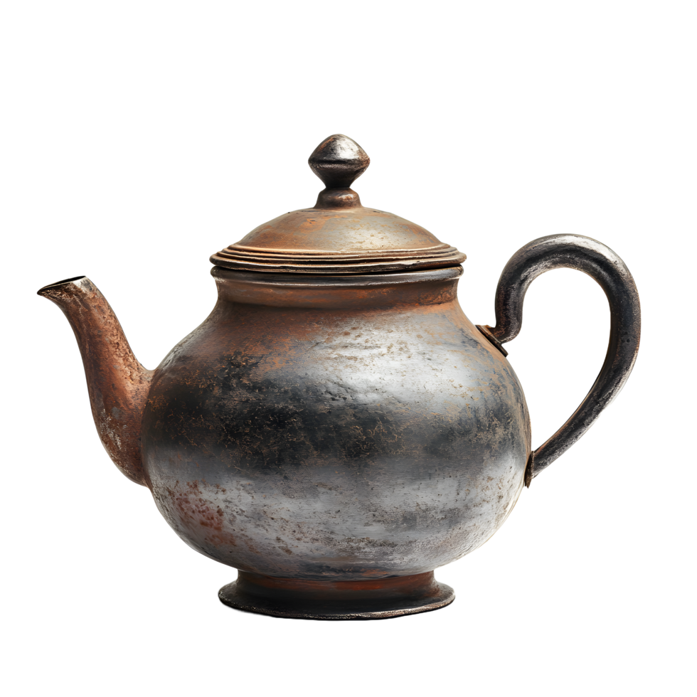 A rustic antique metal teapot with a worn textured surface isolated on transparent background png