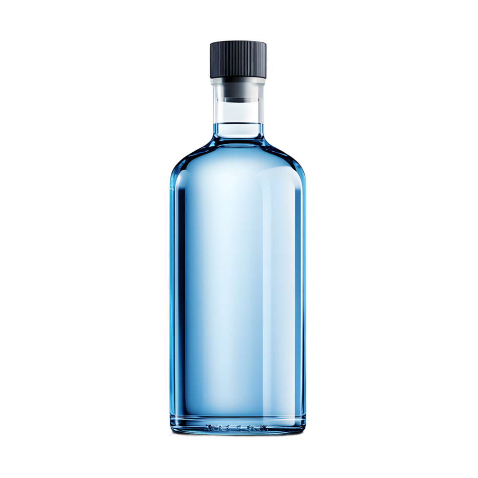 Clear glass bottle filled with transparent liquid and black screw cap isolated on transparent background png