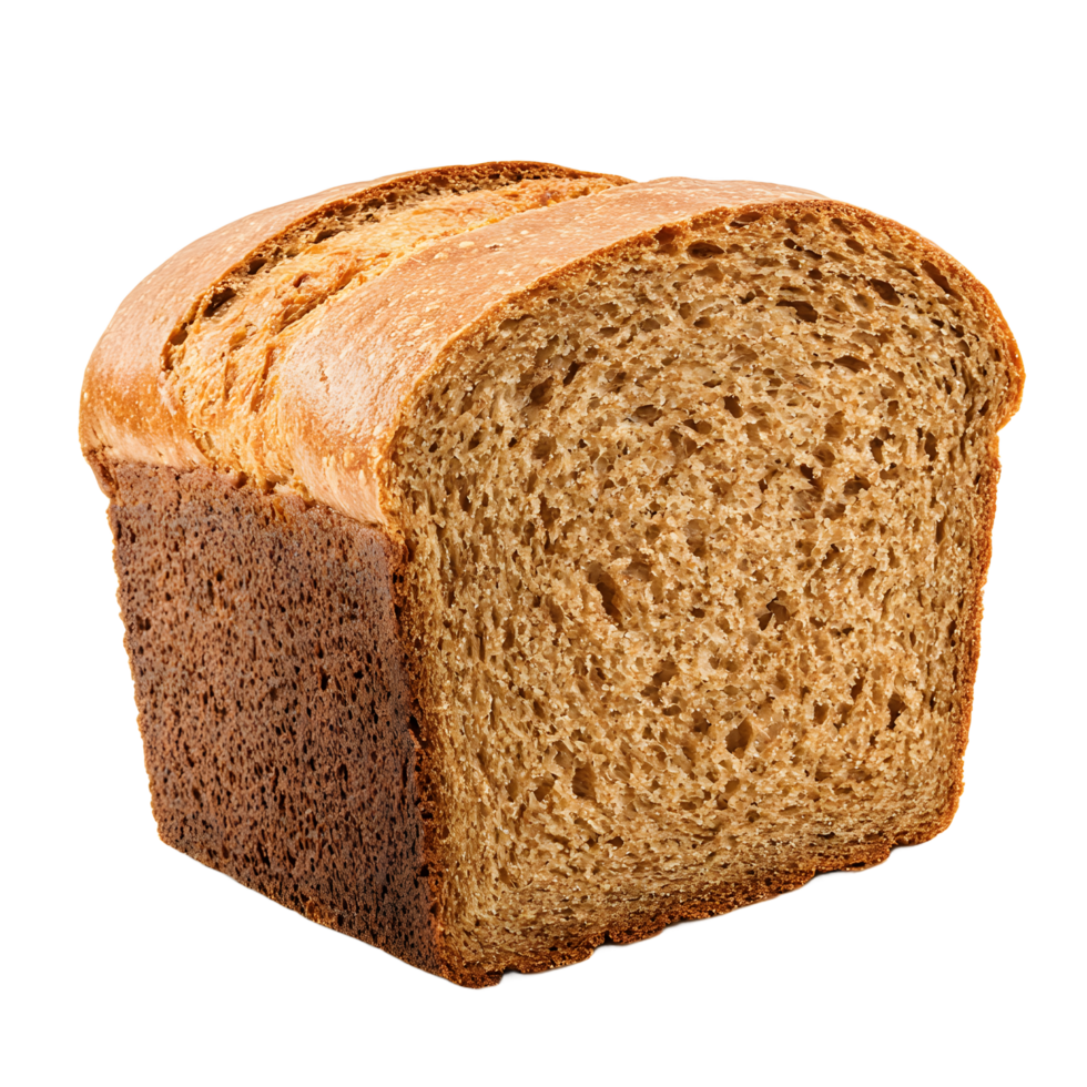Freshly baked loaf of whole wheat bread with a golden brown crust and airy crumb isolated on transparent background png