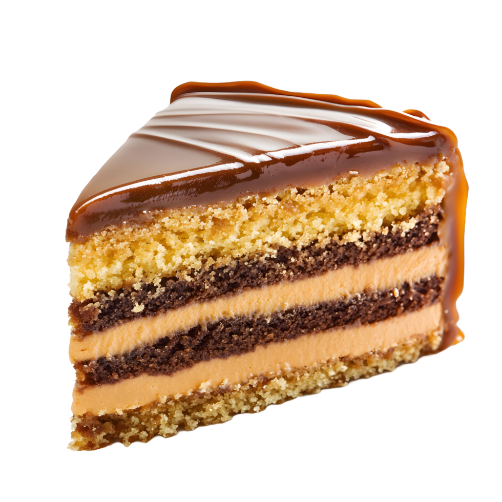 Delicious slice of layered chocolate and caramel cake with glossy topping isolated on transparent background png