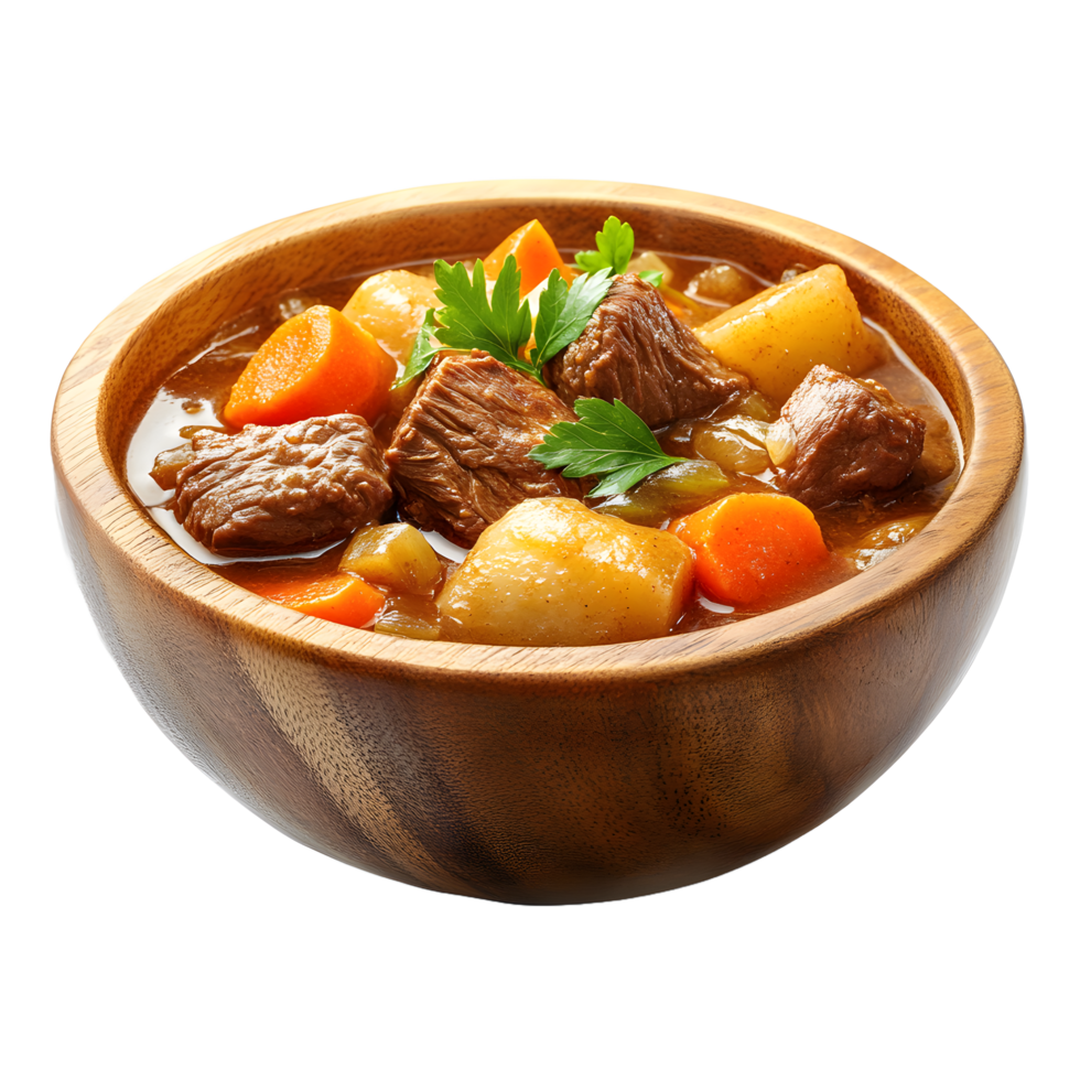 Hearty beef stew with carrots and potatoes in a wooden bowl isolated on transparent background png