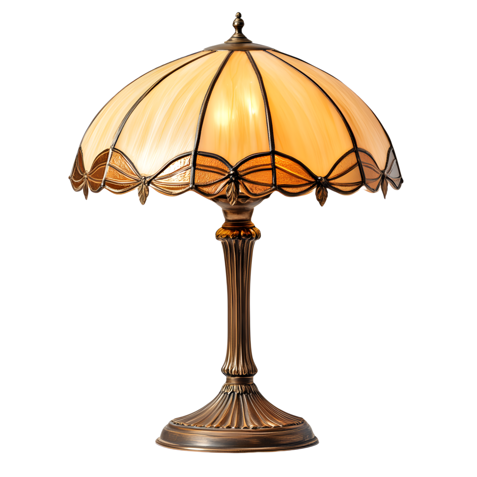 Elegant tiffany style table lamp with amber glass shade and ornate bronze base isolated on transparent background png
