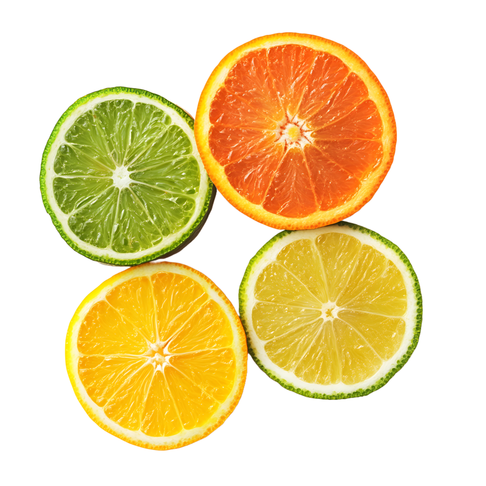 Four citrus fruit slices including orange lime and lemon isolated on transparent background png