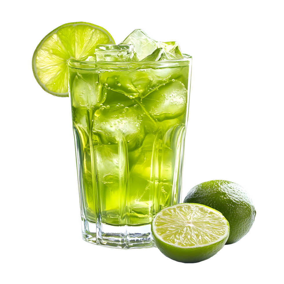 Refreshing green lime soda drink with ice cubes and fresh lime slices isolated on transparent background png