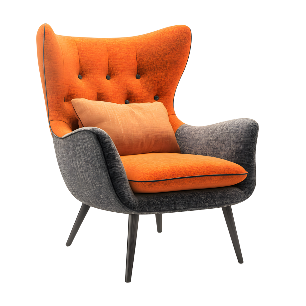 Modern orange and grey wingback armchair with a textured fabric and accent pillow isolated on transparent background png