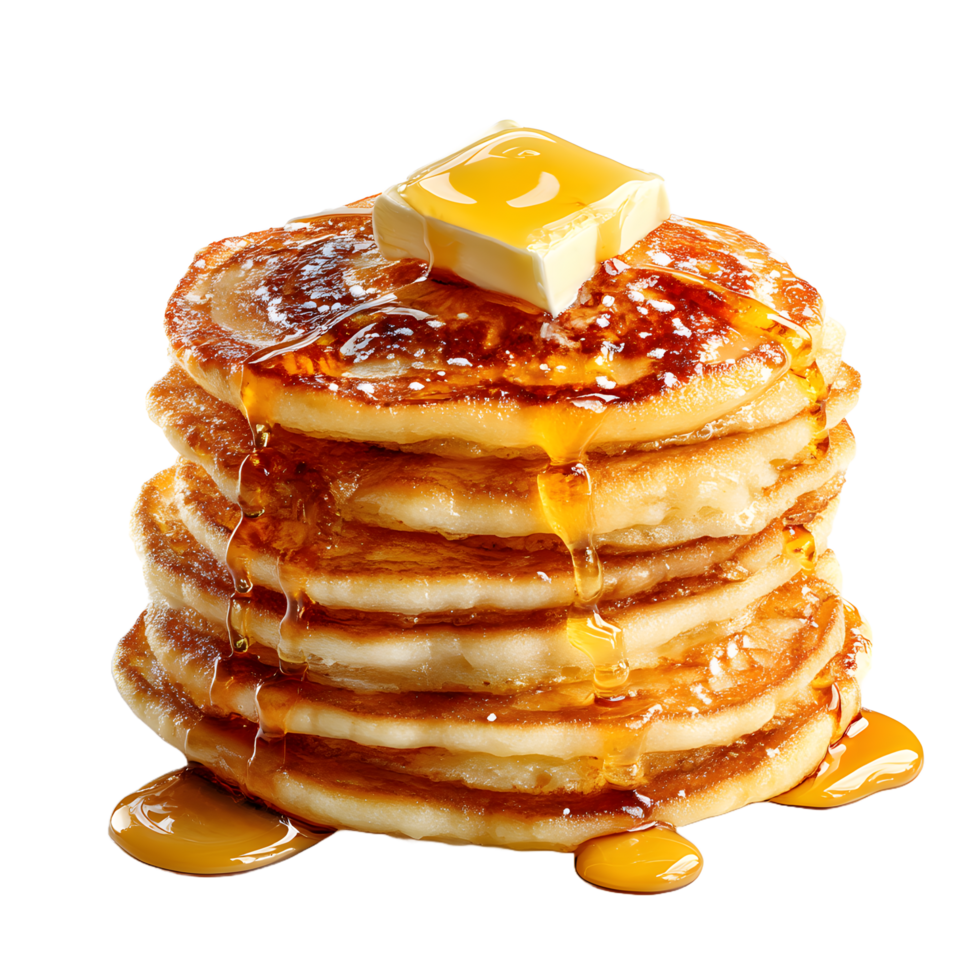 Delicious stack of golden brown pancakes with melting butter and dripping honey isolated on transparent background png