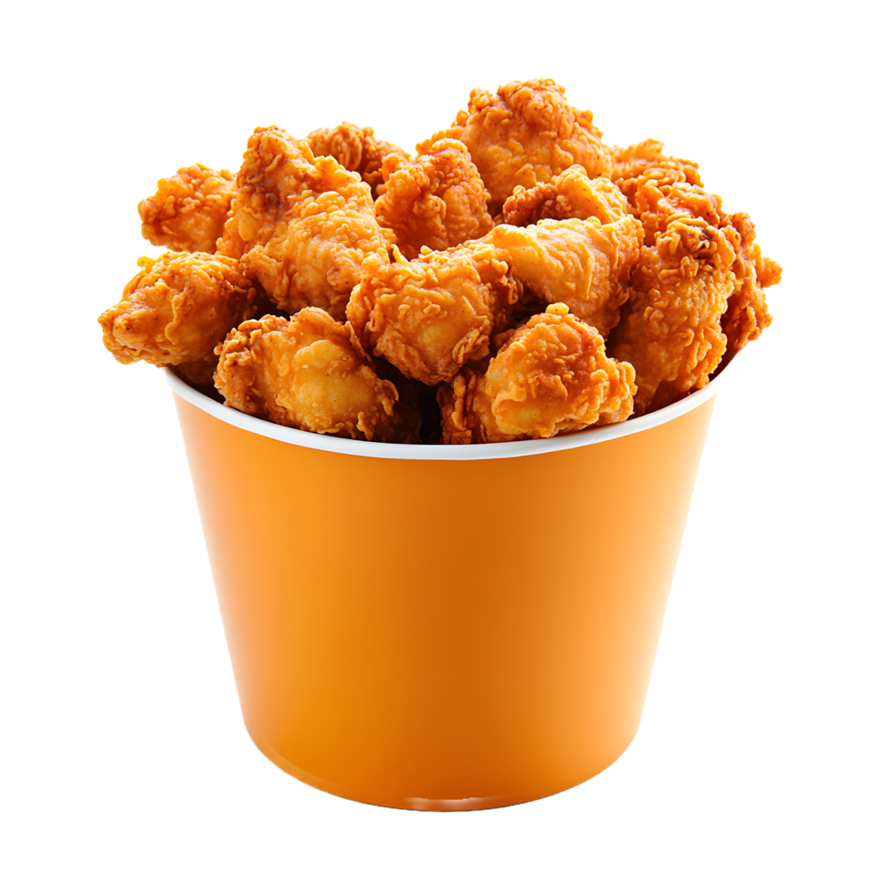 Crispy golden brown fried chicken pieces overflowing from an orange bucket isolated on transparent background png