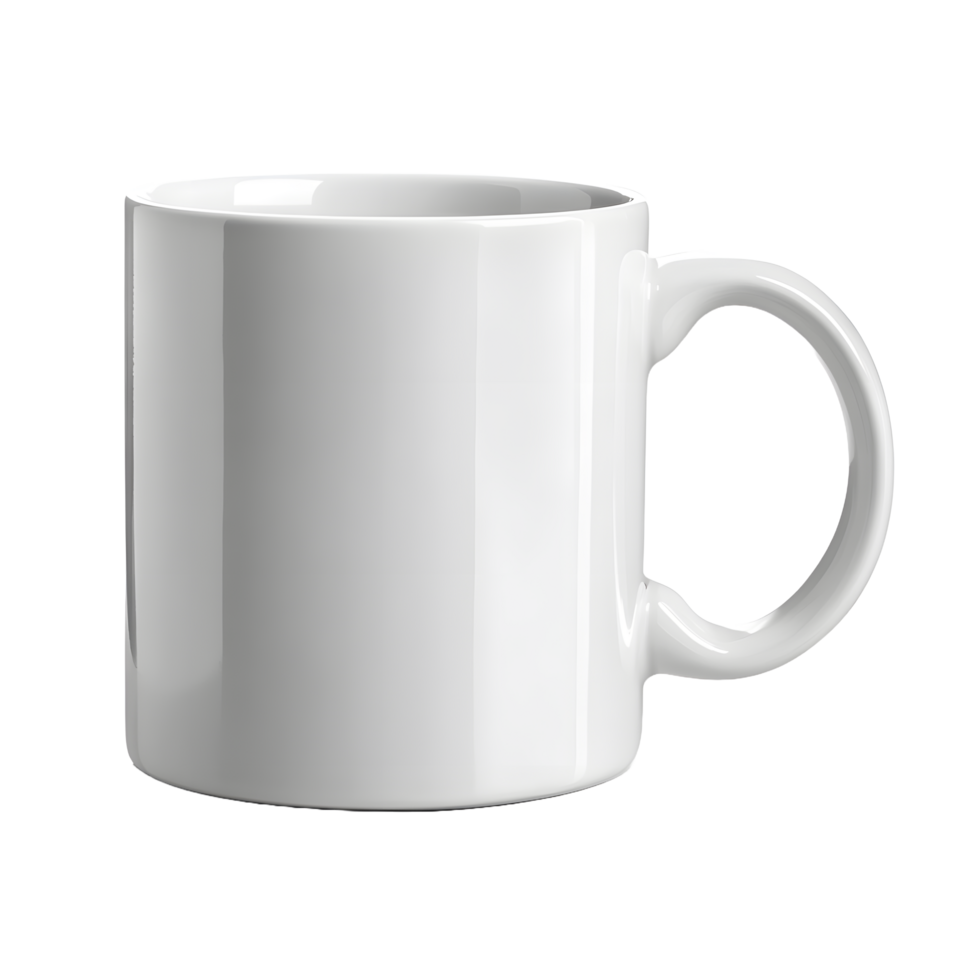 A clean white ceramic mug with a handle isolated on a transparent background png